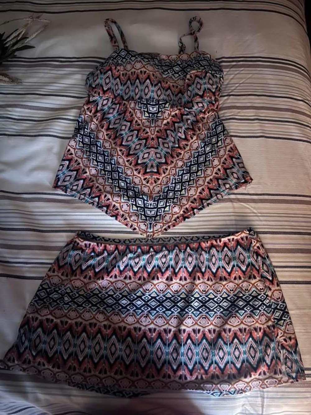 Lane Bryant Navy and Coral Printed Swim Skirt Set